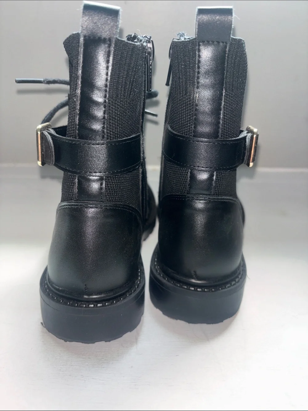 Steve Madden Black Lace-Up Combat Boot with Gold Buckle